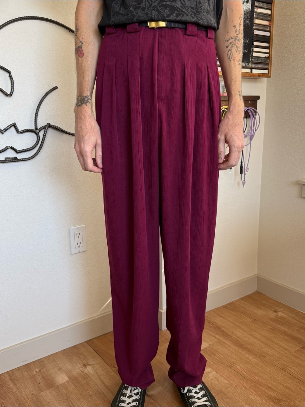 Vintage 80s Burgundy Ultra High Waisted Wide Leg Pleated Trousers ~ Size 31 x 35